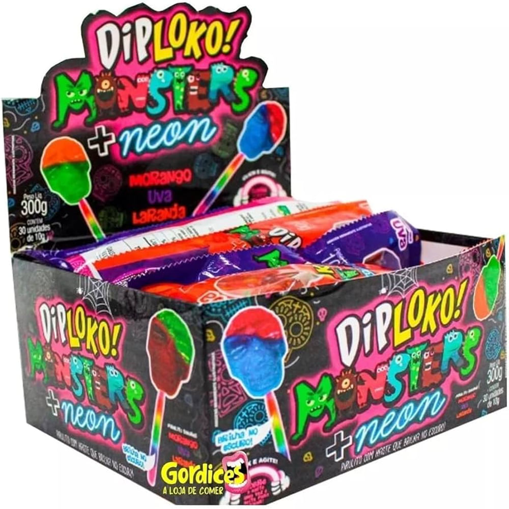 Pirulito Diploko Neon Monsters Caveira 30x10g Display 300g Danilla